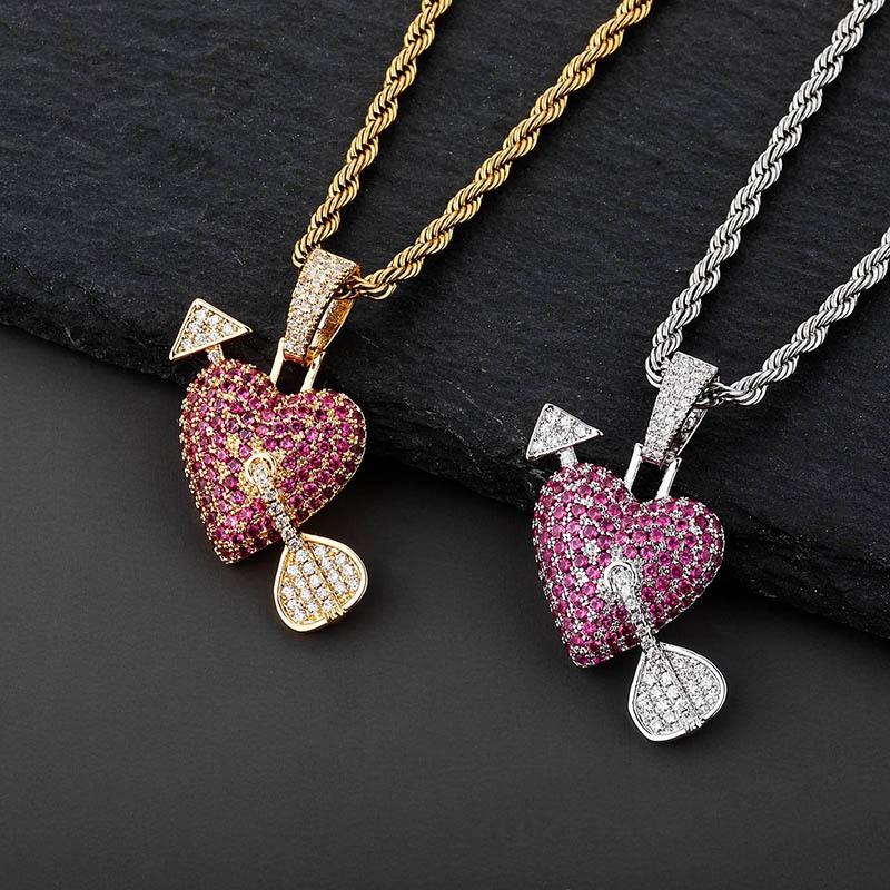 Cupid Arrow Through Heart Couple Pendant Micro Pave Color Zircon Necklace Gold 24in Chain