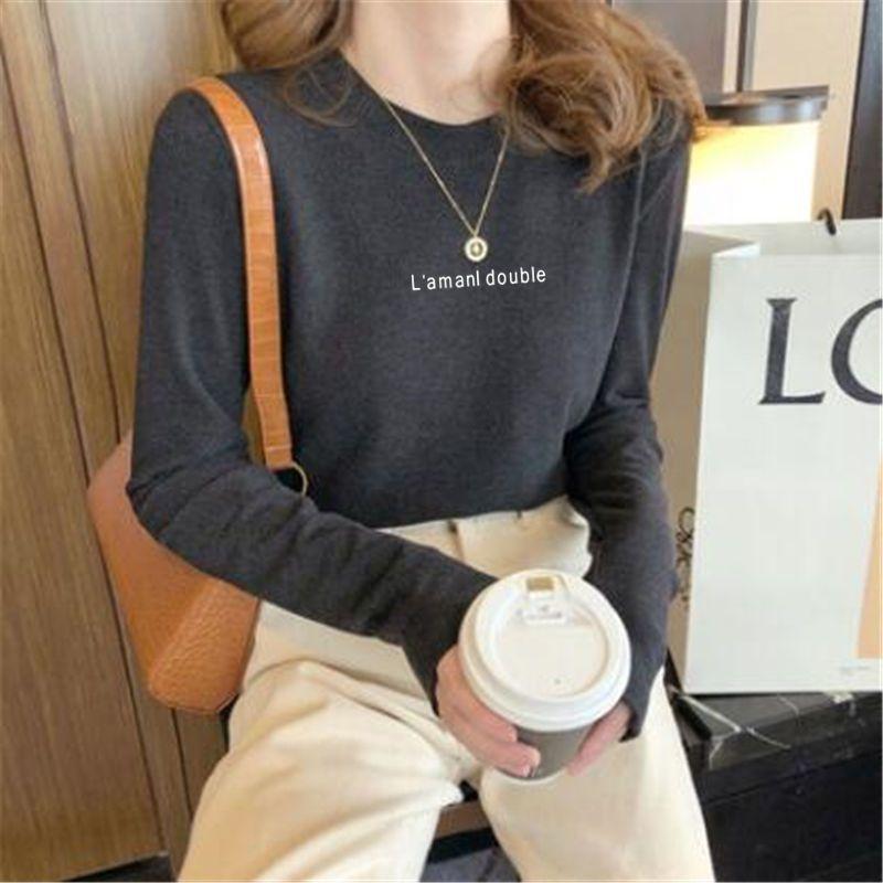 

Корейские женские пуловеры 2024 Осень Зима Новые Сплайсинг Круглый вырез Письмо Мода Однотонные Приталенные Повседневные Топы с длинным рукавом 3XL серый