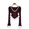 Women's V Neck Long Sleeve Top Black White Trim Casual Blouse
