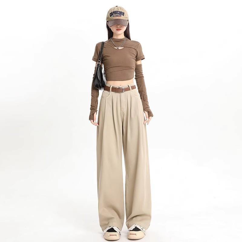 

Khaki Women s High-Waisted Wide-Leg Jeans - 2025 Spring Fashion, Trendy Floor-Length Straight-Leg Pants 2XL 129-143 lbs