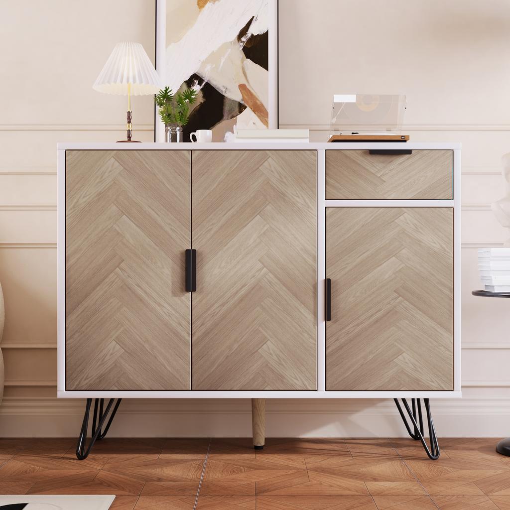 Modern Storage Cabinet, Sideboard in White and Wood Look with Drawer and Height-Adjustable Shelves (90 x 30 x 71.5 cm)