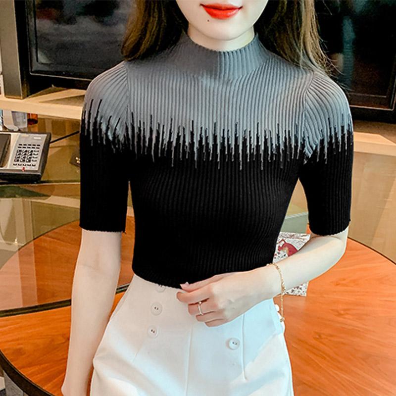 

Женские свитера, пуловеры, 2025, лето, короткий рукав, полувысокий воротник, черный вязаный свитер, женские топы, пуловер JJ287 One Size чёрный