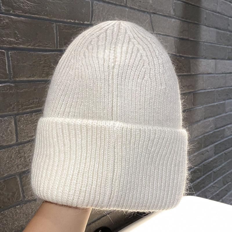 Knit Beanie Hat Rabbit Hair Blend Metal Letter M Label Warm Ear Protection Winter Autumn Trendy Skullcap Women