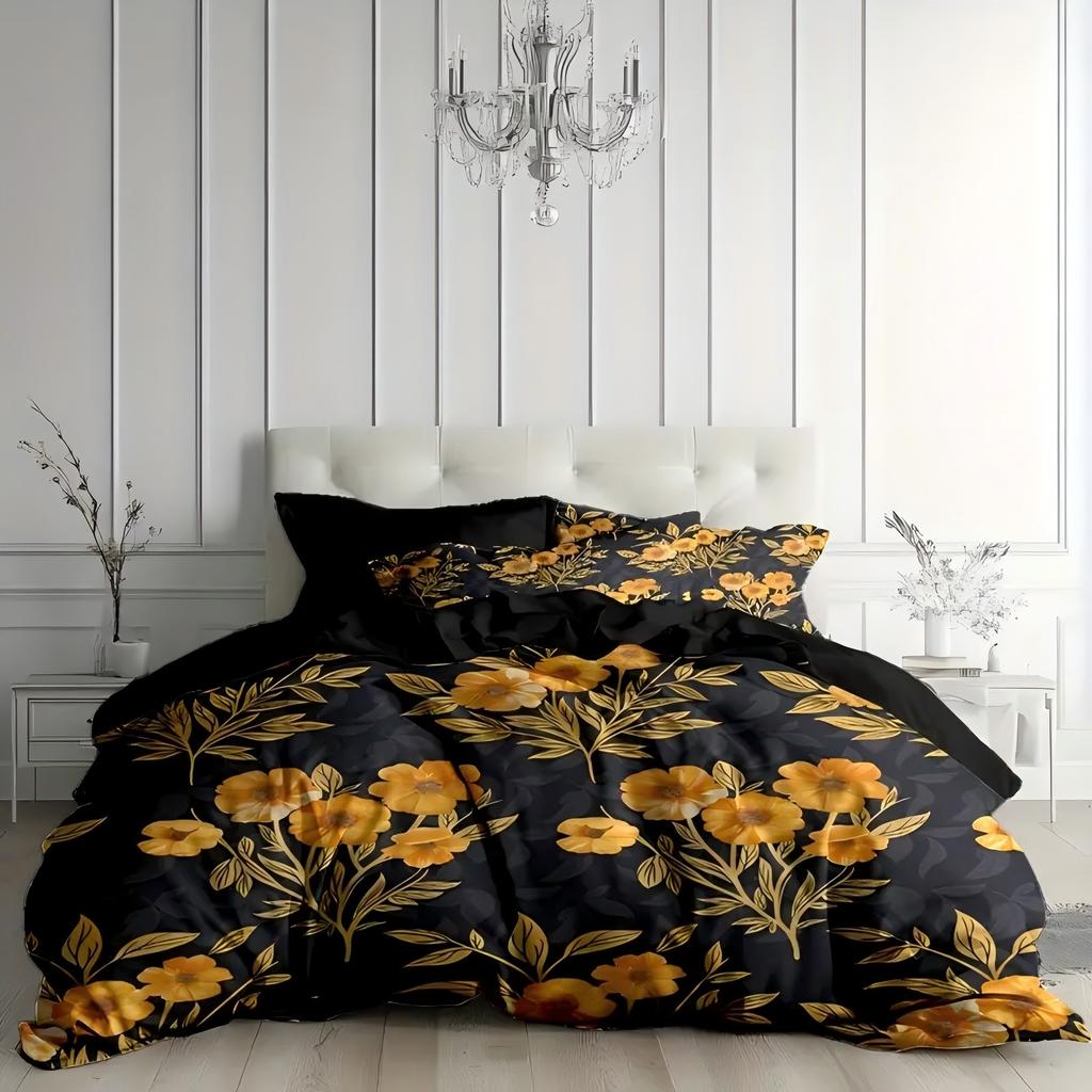 Golden Tulips 3D Printed Quilt Cover Elegant Rustic Natural Style Polyester Duvet Cover Soft Comfortable Bedding Set Pillowcases