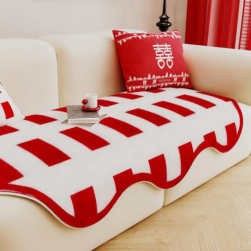Chinese Style Wedding Celebration Imitation Rabbit Plush Shaped Sofa Cushion Four Seasons Universal Living Room Straight Row Sofa Towel Cover Cloth