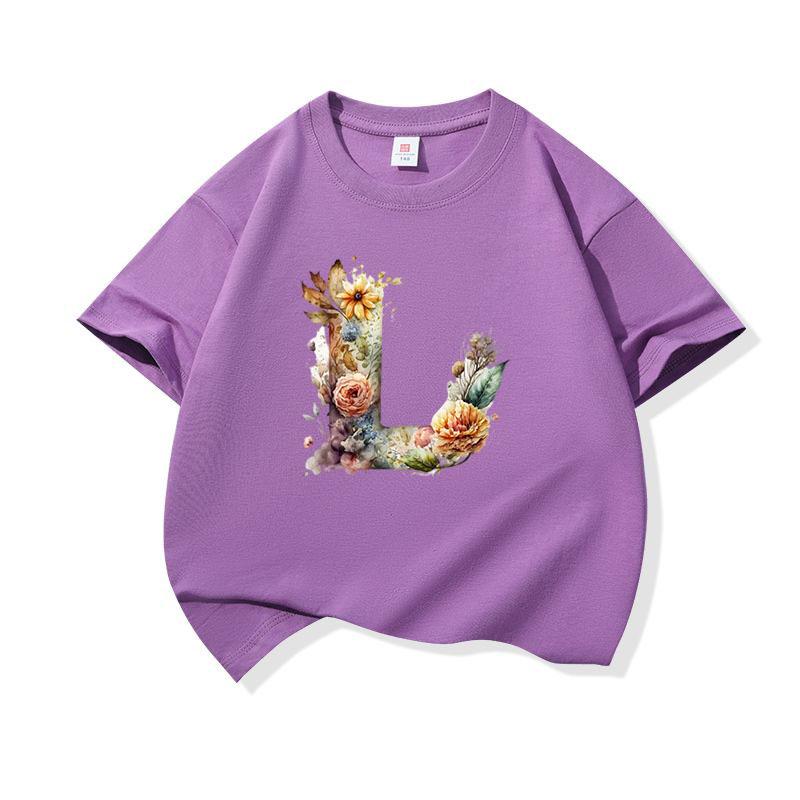 Kids Cotton T Shirt Floral Letter L Print Crew Neck Short Sleeve Tee Casual Boys Girls Summer Tops