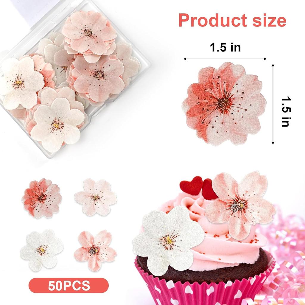 50pcs Edible Cherry Blossom Cake Toppers, Wafer Paper Flower Decorations for Cupcakes, Wedding, Birthday, and Party Cakes