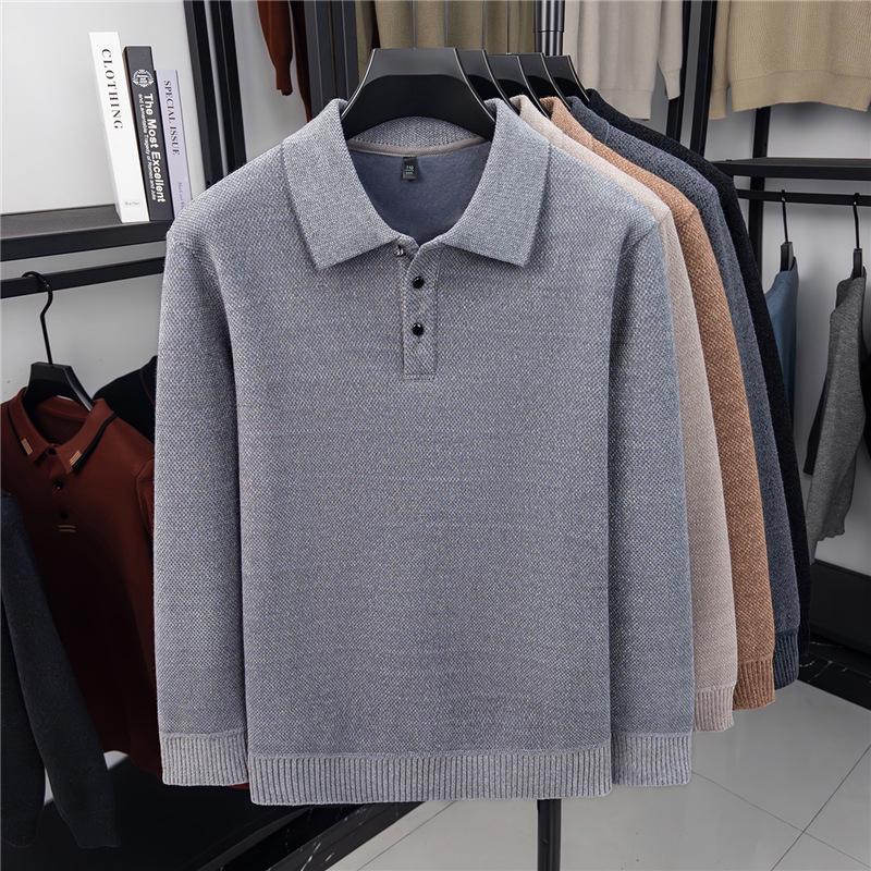 Men's Plus Velvet Knitwear Winter Lapel Polo Shirt - Middle-aged Casual Warm Long Sleeve Sweater Base Layer