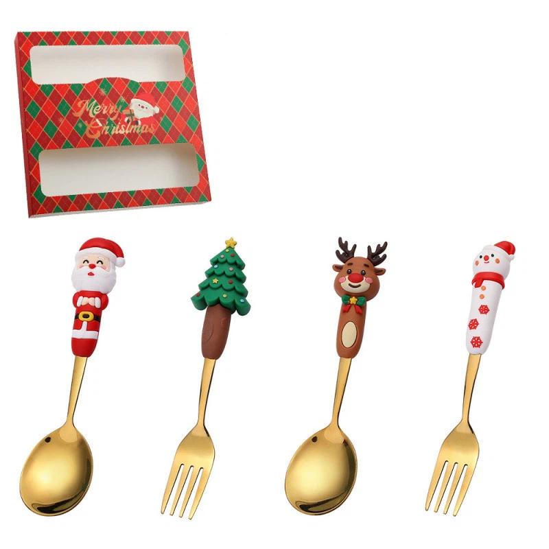 Kalėdinių šaukštelių rinkinys Kūrybingas stalo įrankių rinkinys Animacinis Kalėdų eglutės desertinis šaukštelis Šakutė Dovanų dėžutė