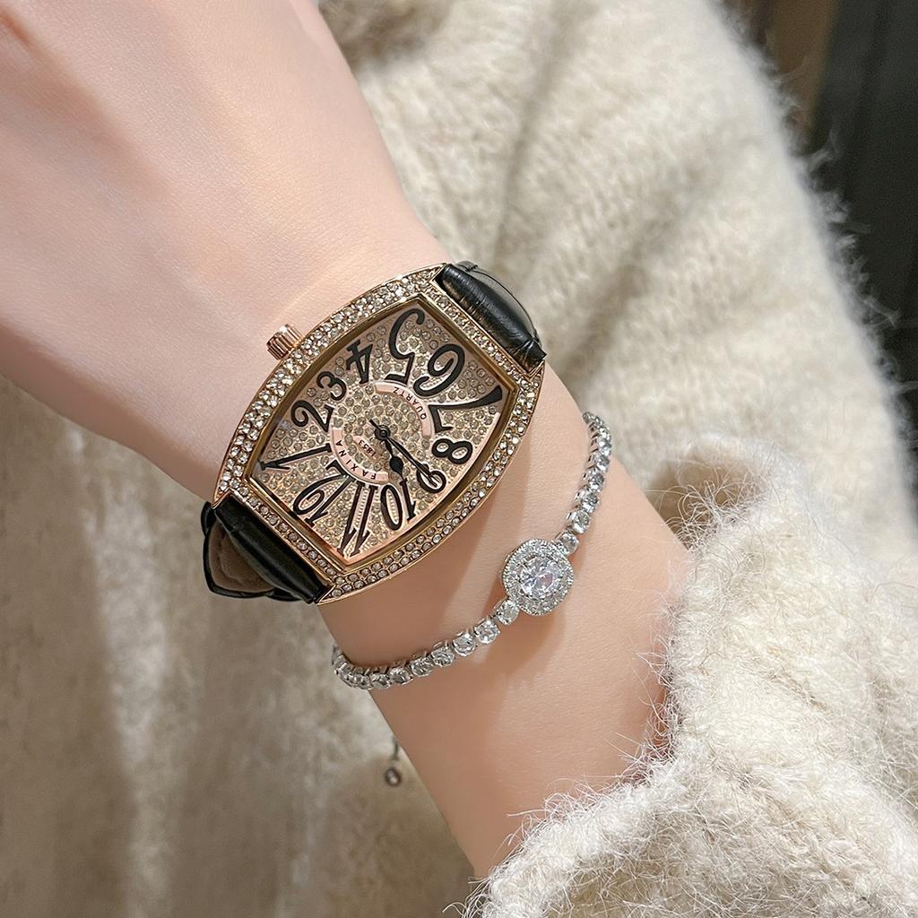 Cross-border Wine Barrel-shaped Diamond-encrusted Women's Watch Large Dial Internet Celebratory Same Digital Silver Case Quartz