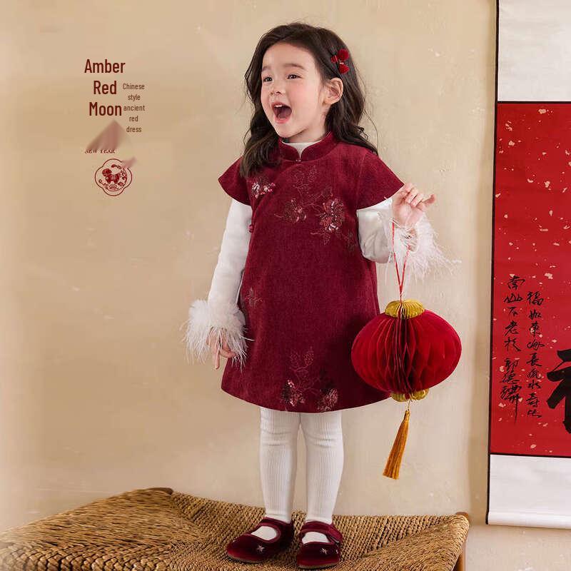 LUSON Baby Girl s New Chinese Style Embroidered Festive Red Dress 110