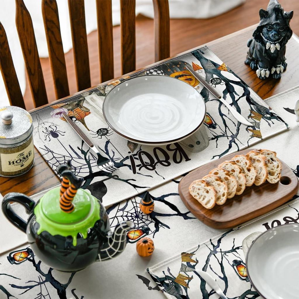 Ghost Pumpkins Tree Dog Boo Halloween Placemats Set of 6, 12x18 Inch Seasonal Fall Holiday Table Mats for Party Kitchen Dining Decoration
