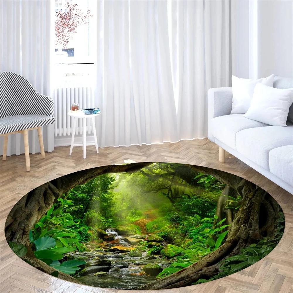 Forest Tree Landscape Print Round Carpet Non-slip Floor Mat Soft Indoor Circle Area Rug for Living Room Bedroom Dorm Kitchen