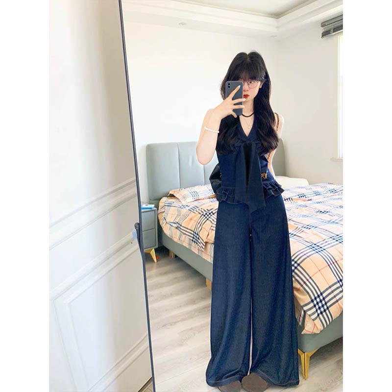 1116 Spring Korean Commuter Tencel Denim Bow Neck Halter Top Loose Wide Leg Pants Set