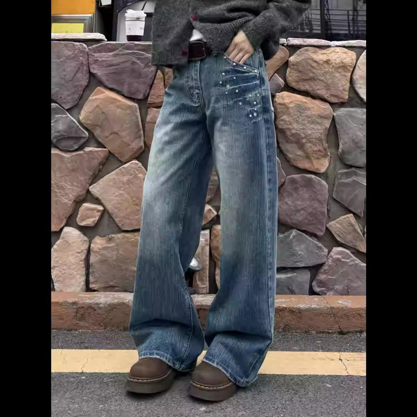 

Джинсы в американском стиле с ретро-заклепками и узором в виде молнии для мужчин и женщин, осенне-зимние модные потертые повседневные брюки Ruan Handsome 3XL синий