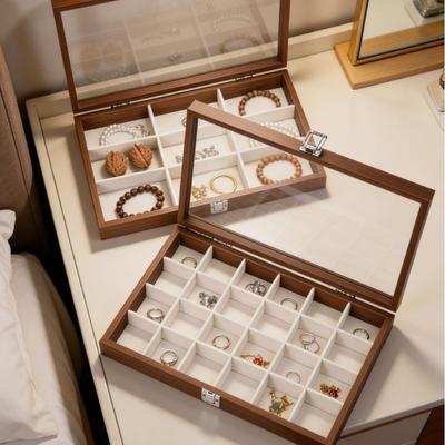 Retro Jewelry Display Tray Decorative Rectangle Watch Display Tray with Compartments Visible Glass-Lid Box Earring Storage