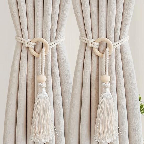 Bohemian Curtain Tiebacks Handwoven Rope with Tassels & Wood Beads Decorative Window Holdbacks for Living Room Bedroom Home Decor