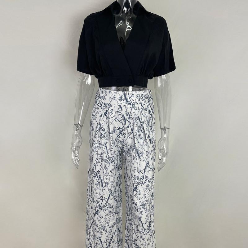 V-hals Korte Mouw Shirt En Blouses Effen Crop Top Rechte Print Wijde Pijp Lange Broek Outfits 2-delige Casual Zomer Dames Sets
