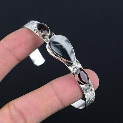 Mothers Day Deal Natural Fume Agate Garnet 925 Sterling Silver Bangle Jewelry