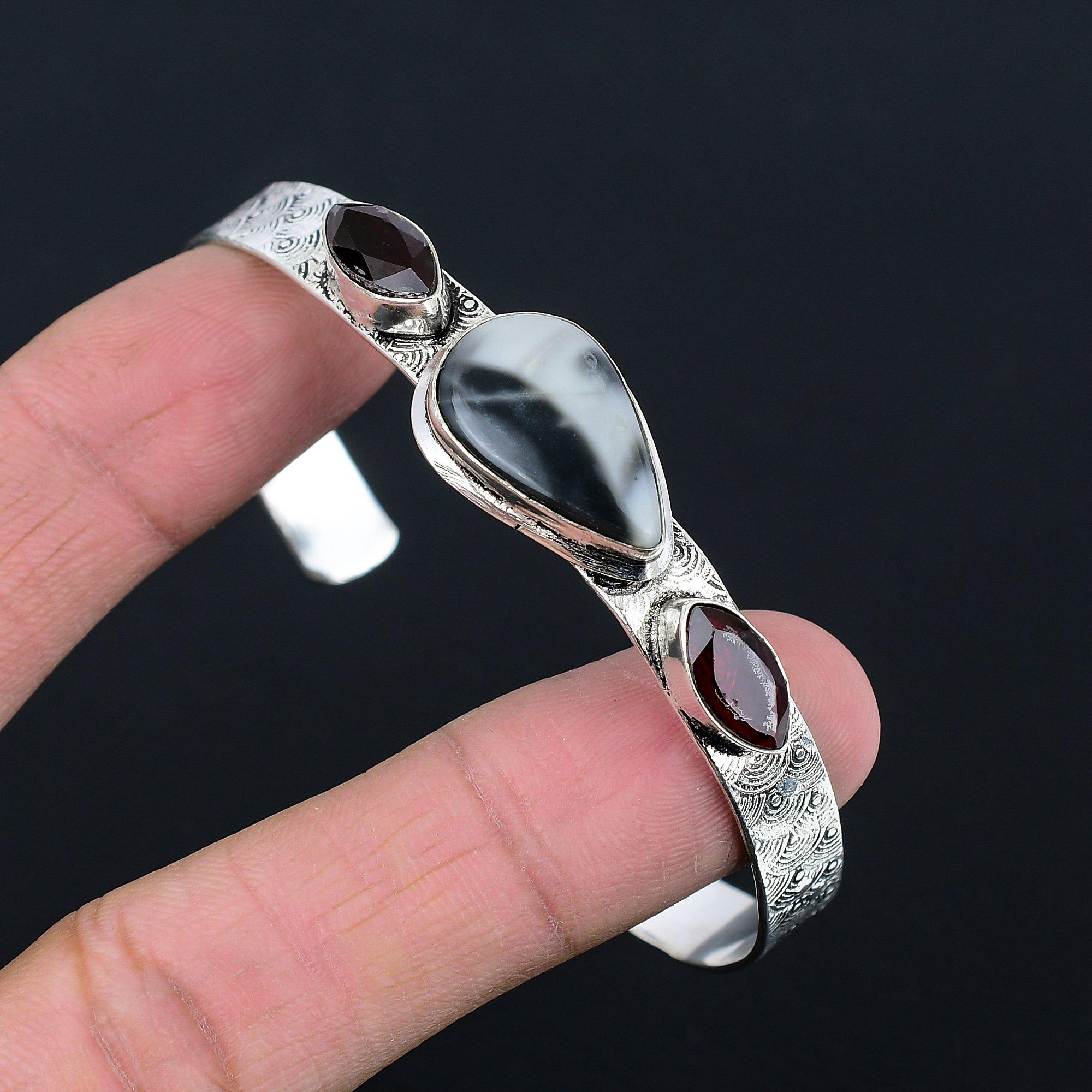 

Mothers day Deal Natural Fume Agate Garnet 925 Sterling Silver Bangle Jewelry Adjustable