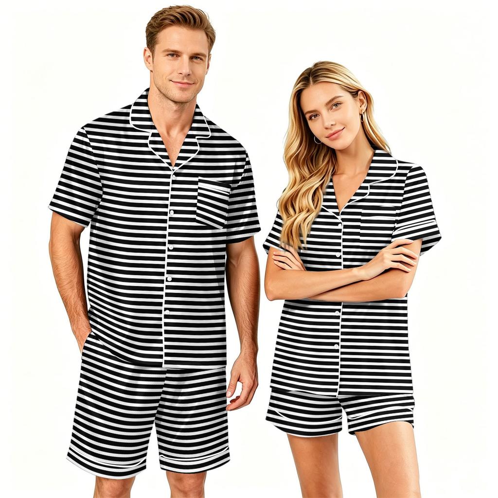 Couple Matching Pajama Set Short Sleeve Button Down Shirt with Hem and Shorts Set Soft Casual Sleepwear Available In Sizes S To XXXXL