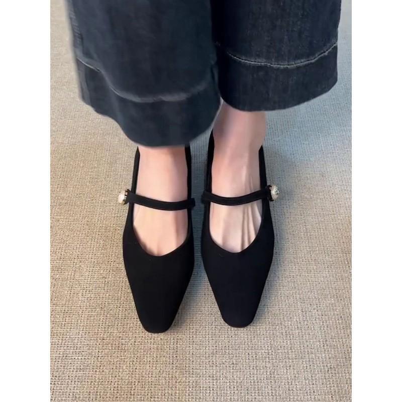 Sheepskin Version~ French Pointed Toe with Mary Jane Shoes Women's Shallow Mouth Pearl Single Shoes with Skirt Evening High Heels