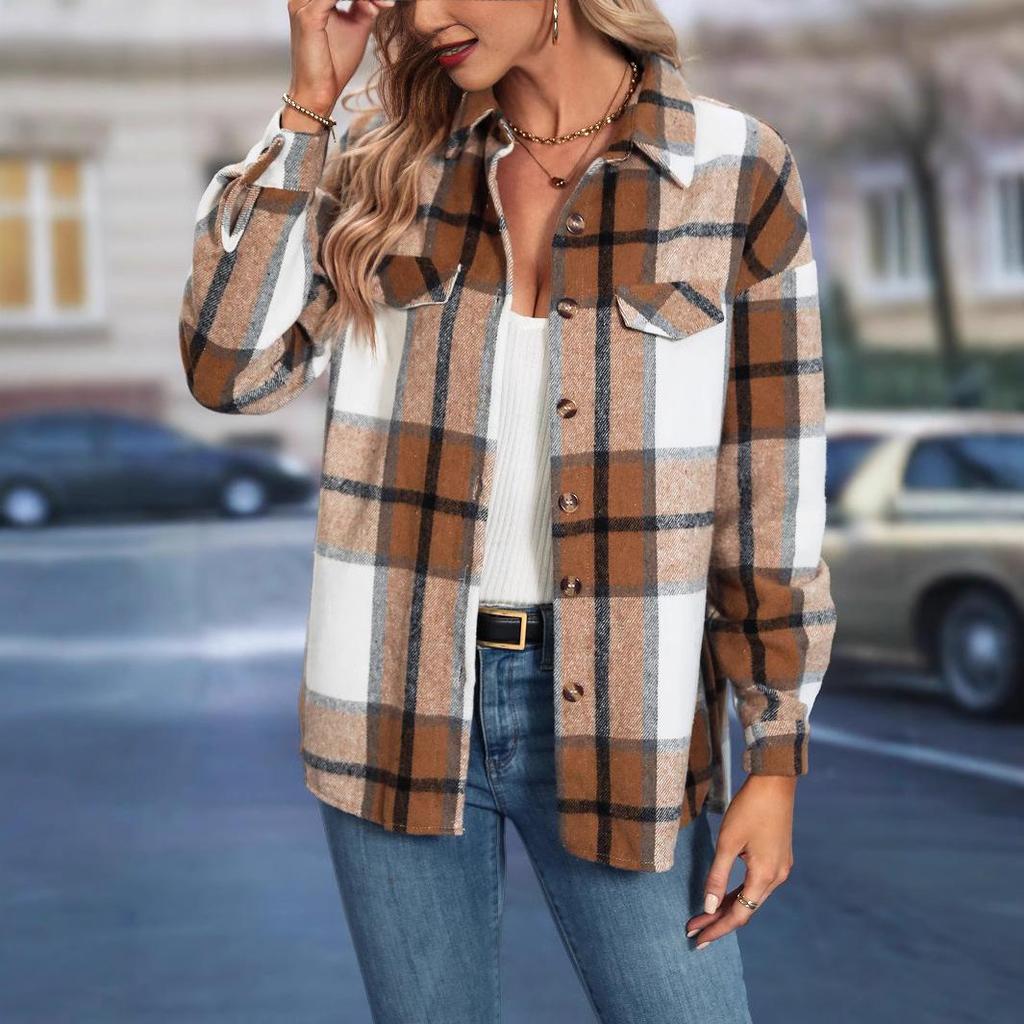 European & American Plaid Drop Shoulder Overcoat - Women's Autumn/Winter Jacket