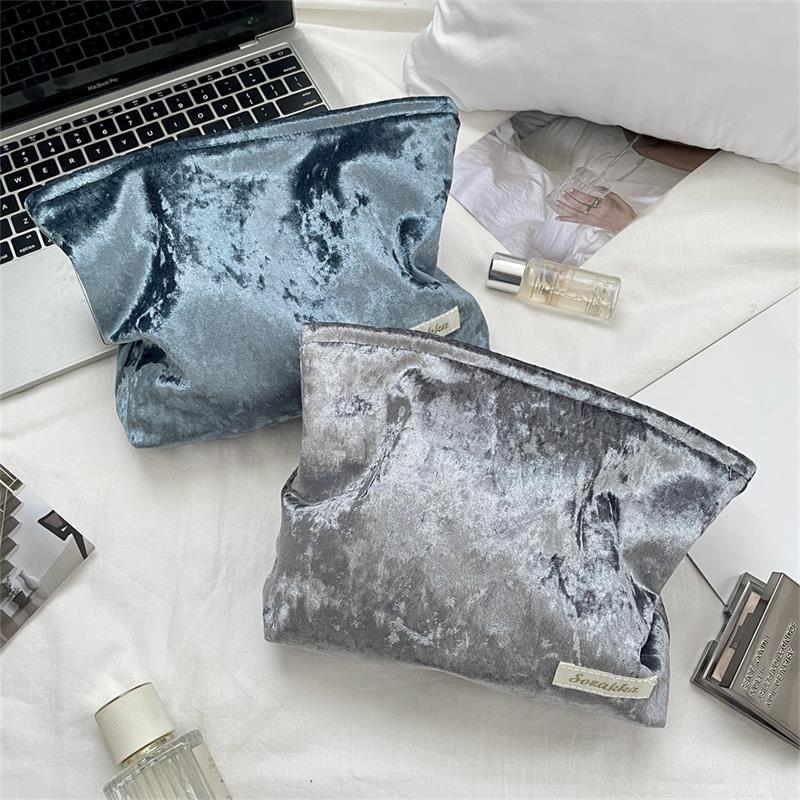 Trendy Velvet Cosmetic Bag Large Capacity Travel Suede Storage Bag Simple Women Girly Portable Clutch Toiletry Bag Gifts