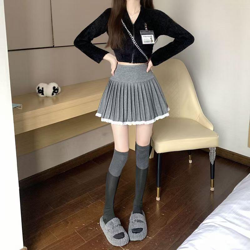 Szara Wełniana Plisowana Spódnica Midi, Wysoki Stan Wyszczuplająca Francuska Linia A dla Kobiet - Wiosna, Jesień, Zima