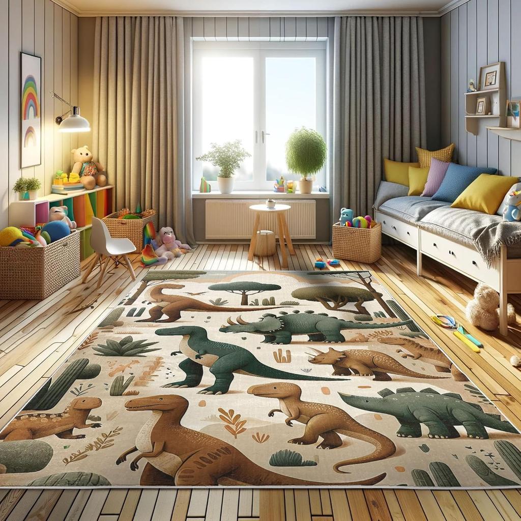 Dinosaur Decorative Rug,Jurassic Scenario Cartoon Animals in Wilderness Cloudy Sunrise Back, Quality Carpet for Bedroom Dorm and