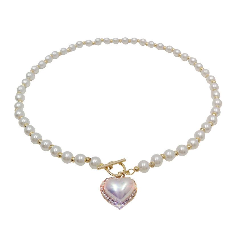 Sparkling Diamond Heart-shaped Pearl Necklace, Short Necklace, Trendy Beaded, Light Luxury and Niche Design Sense