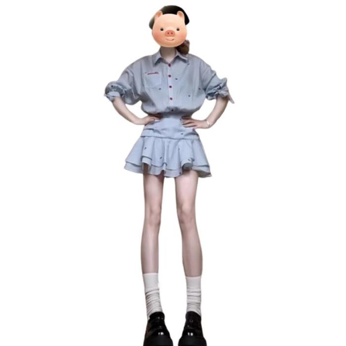 

French school dress children s spring new waist blue striped shirt skirt set XL