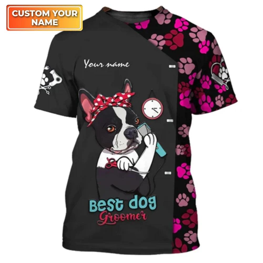 Haustier Hund Kosmetiker Rollenspiel Spaß Gedrucktes Herren T-Shirt Lässig Hip-Hop Mode Kurzarm Rundhals Übergroßes Oberteil