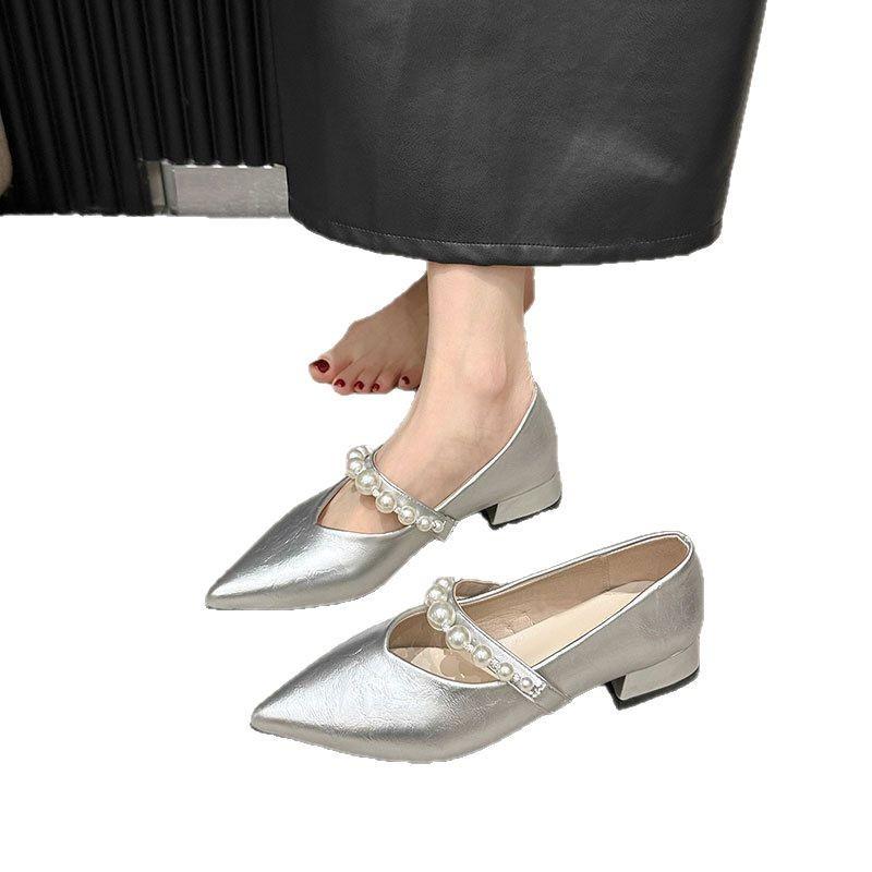 Square heel pointed Mary Jane shoes women's shoes spring 2025 new shallow mouth French pearl word with temperament single shoes