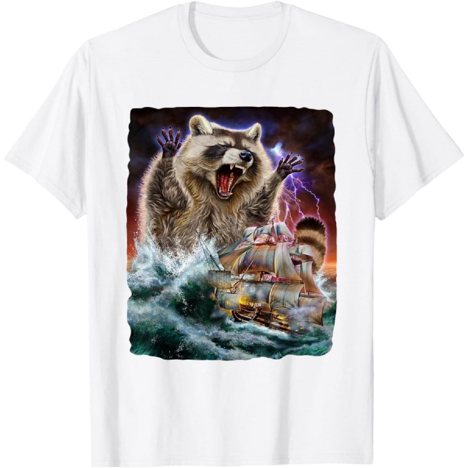 HUYTEDX Monster Raccoon as Kraken Attack a War Ship at High Seas T-Shirt(1) XXXXXL белый