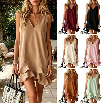 Summer Dress for Women Casual V Neck Sleeveless Mini Beach Sundress Casual Vacation Ruffle Tank Dress