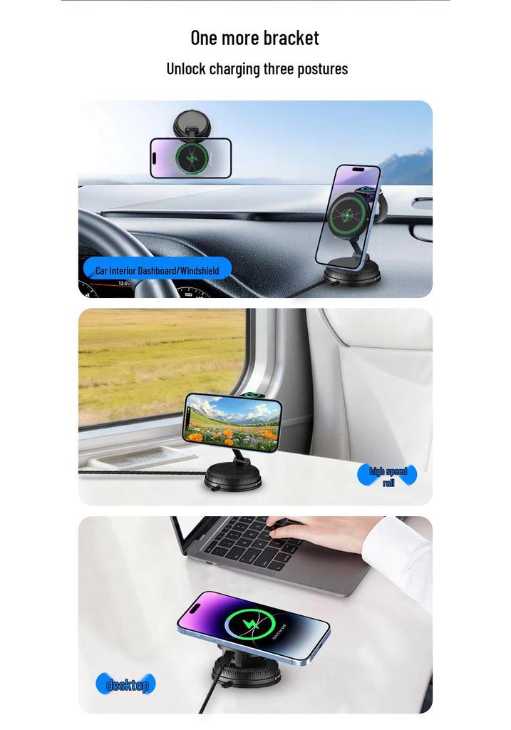 15W Magnetic Wireless Car Charger & Foldable Phone Holder with Suction Cup for Apple Devices