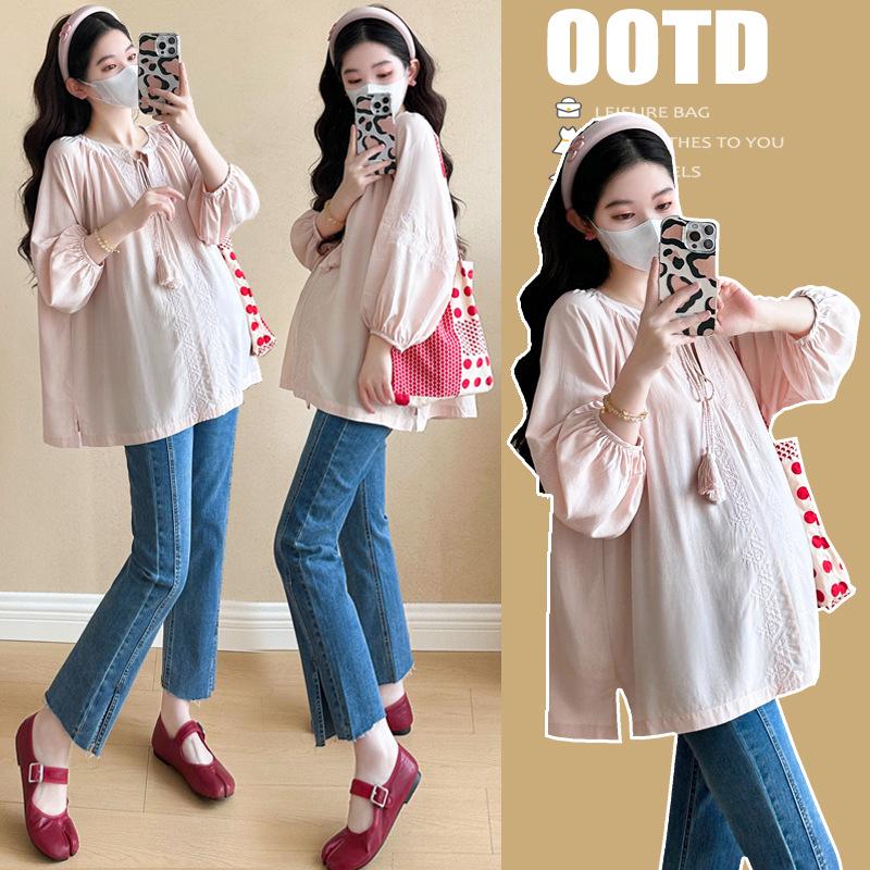 Korean Style Spring 2026 Long Sleeve Embroidered Maternity Shirt XL