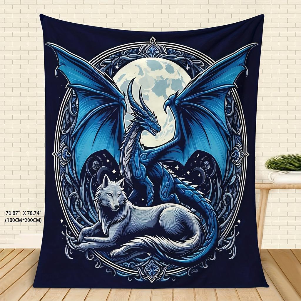 Ice Dragon and Wolf Flannel Printed Blanket Soft Comfortable Bed Blanket Modern Style Themed Decorative Blanket