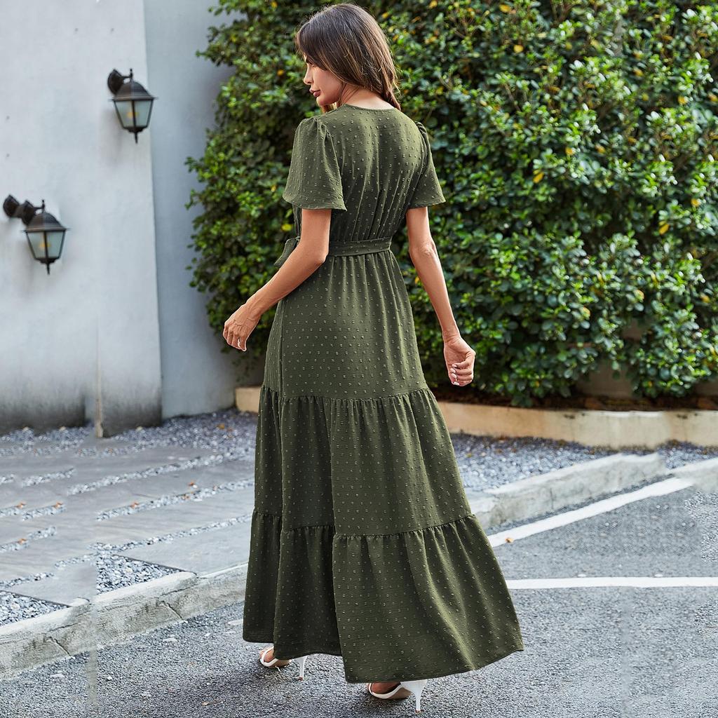 Women's Summer Bohemian Dot V-Neck Floating Short Sleeve Solid Color Tie Dresses