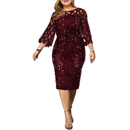 Damen O-Ausschnitt, 3/4-Ärmel, transparentes Patchwork, glänzende Pailletten, figurbetontes, knielanges Kleid