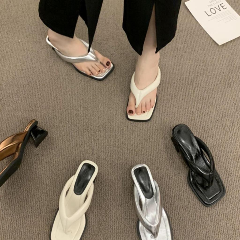 2025 summer new fashion outer wear toe flip-flops thick heel middle heel white cool slippers large size sandals women's trend