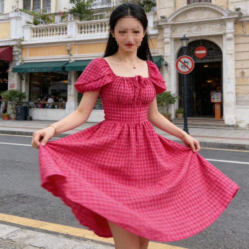 French sweet rose red plaid small flying sleeve suspender dress women's summer waist and thin pure desire style girl skirt
