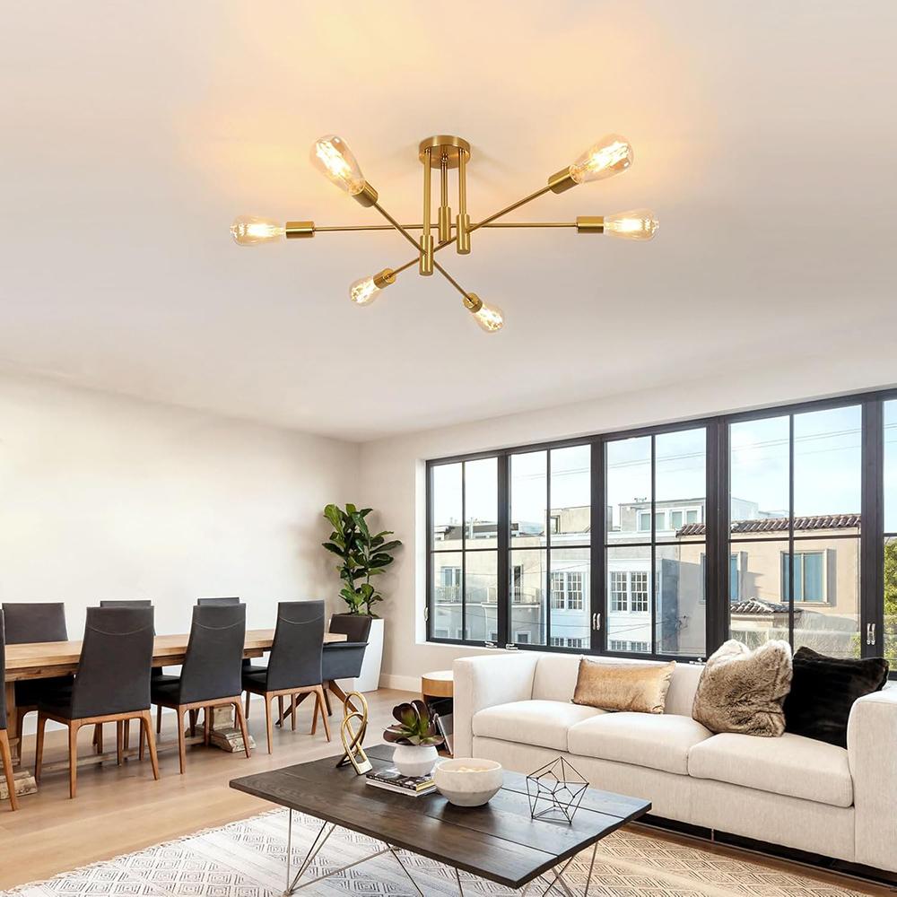 Vintage Ceiling Light 6 Bulbs E27 Socket Gold Chandelier Retro Sputnik Ceiling Lamp for Bedroom Living Room Kitchen Bulbs Not Included