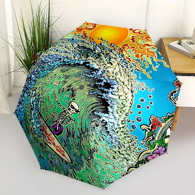 

Surfing Skeletons Theme 8 Bone Hand Automatic Folding Umbrella, Compact and Portable Design, A Perfect Gift for Birthday, Christmas or Busin