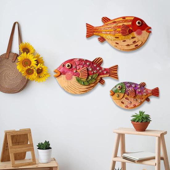 3 Stück/Set Vintage Puffer Wanddekoration, Küsten-Holzfisch Hängeornament, Maritime Meeres-Thema Wandkunst für Badezimmer, Wohnzimmer