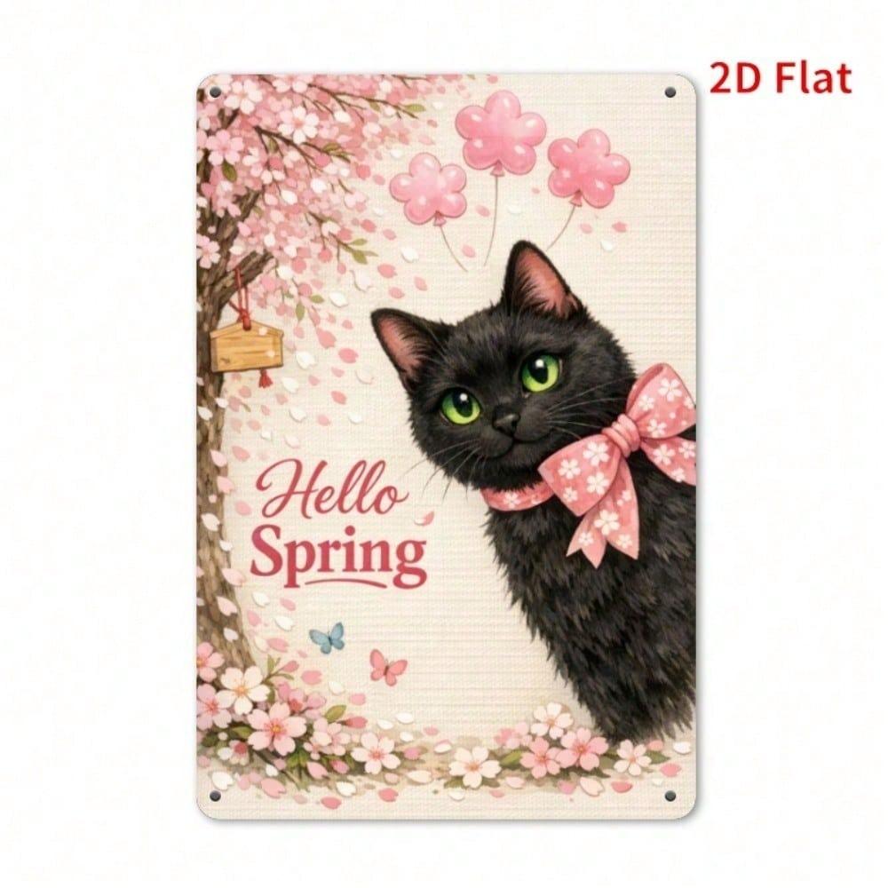 Vintage Spring Cherry Blossom Black Cat Metal Sign Waterproof Rust Resistant Wall Art Garden Decor
