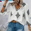 Summer New Fashion Printed V-neck Loose Blouse Women Seven Quarter Sleeve Casual Women's Shirts Tops Vintage Simple Slim Fit Female Blouses 26426