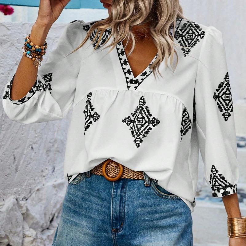Summer New Fashion Printed V-neck Loose Blouse Women Seven Quarter Sleeve Casual Women's Shirts Tops Vintage Simple Slim Fit Female Blouses 26426