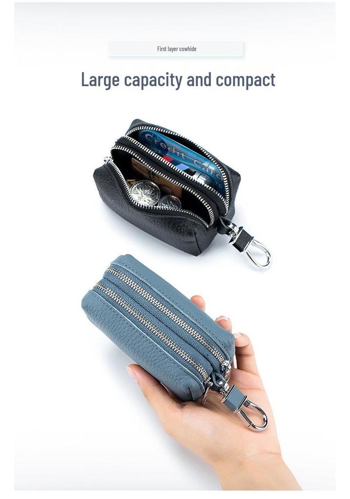 Genuine Leather Key Holder with Double Zipper, Large Capacity, Multi-functional Card Holder, Coin Purse & Key Case for Home Use